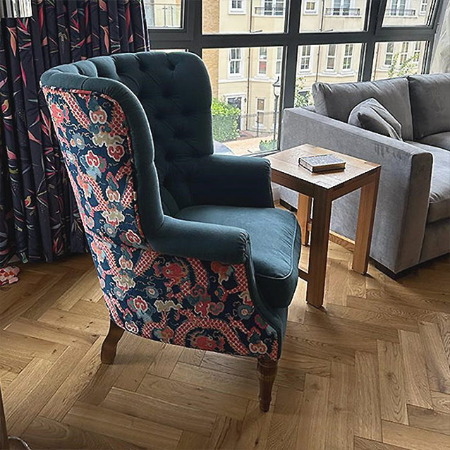 Buttoned Chair in Omega Printed Velvet Twilight and Romo Linara Tapestry